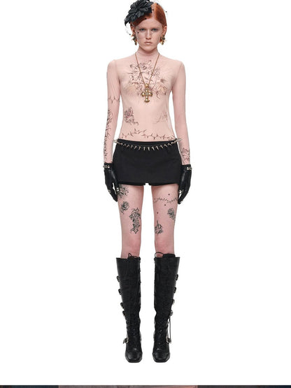 1JINN STUDIO Sheer Tattoo Print Slim Fit Women&