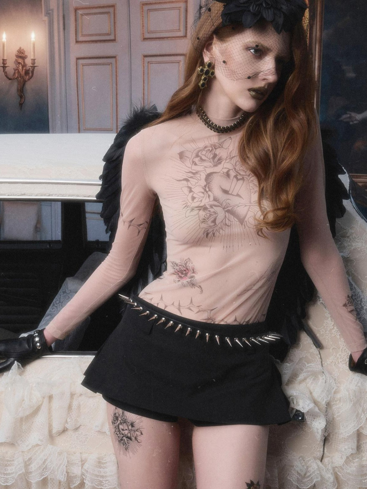 1JINN STUDIO Sheer Tattoo Print Slim Fit Women&