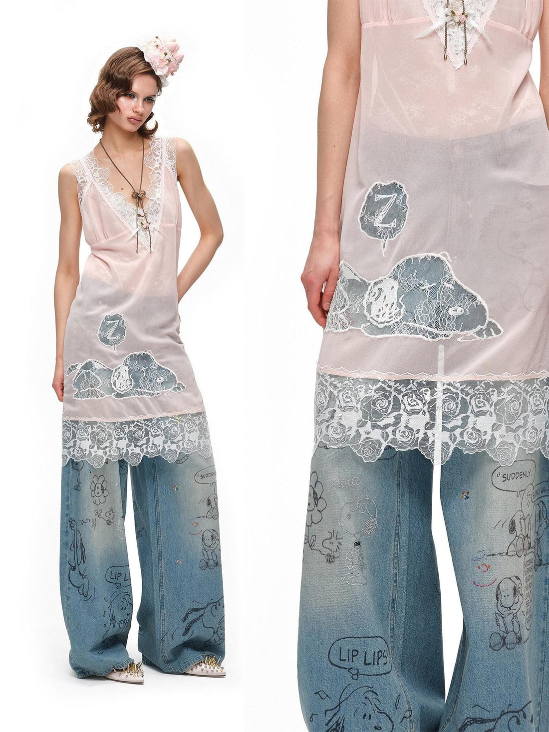 1JINN STUDIO Sheer V-neck Applique Embroidery Layered Women&