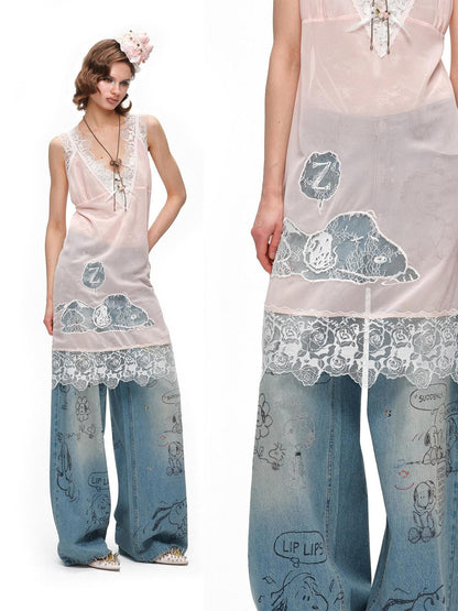 1JINN STUDIO Sheer V-neck Applique Embroidery Layered Women&
