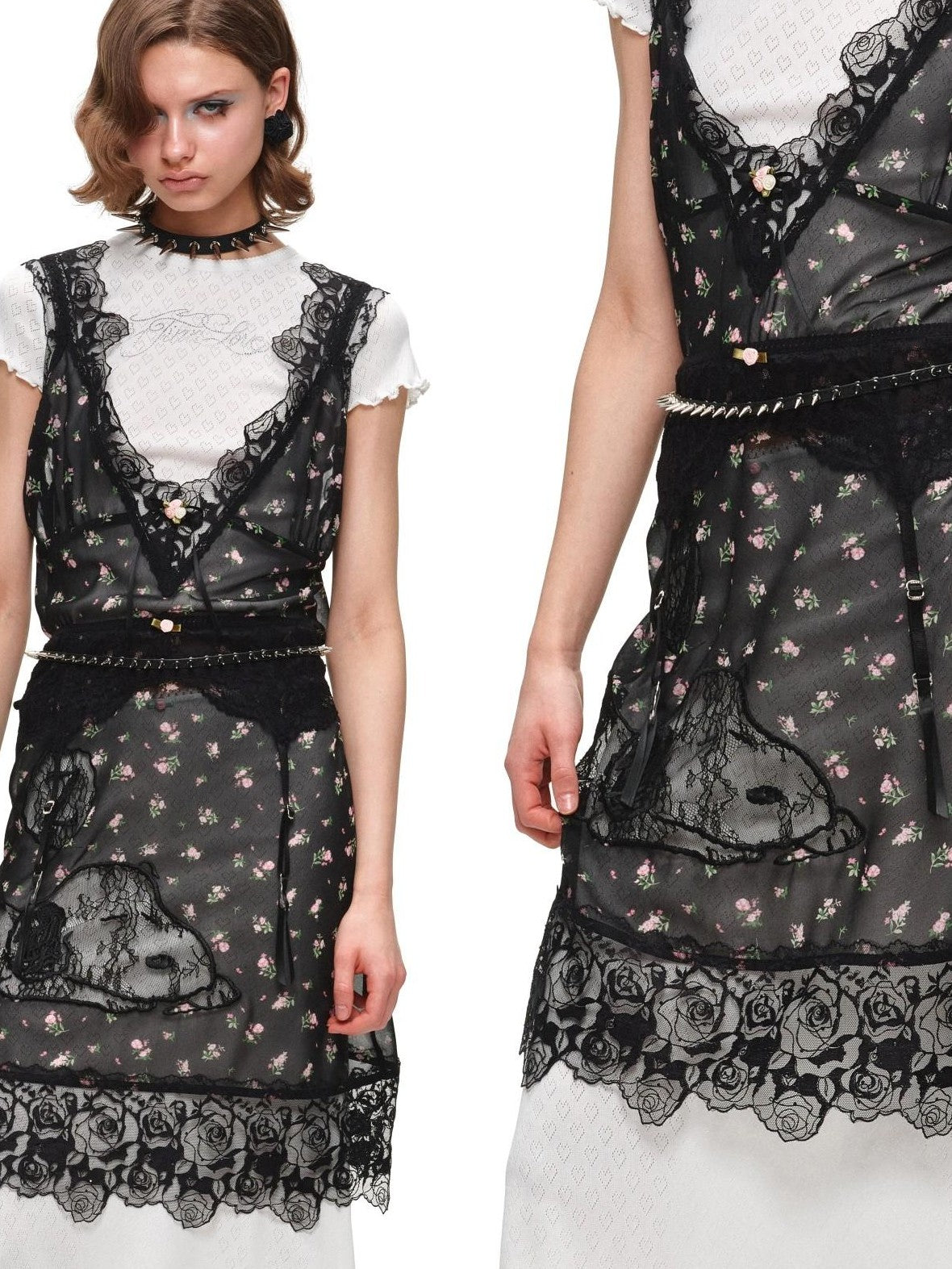 1JINN STUDIO Sheer V-neck Applique Embroidery Layered Women&