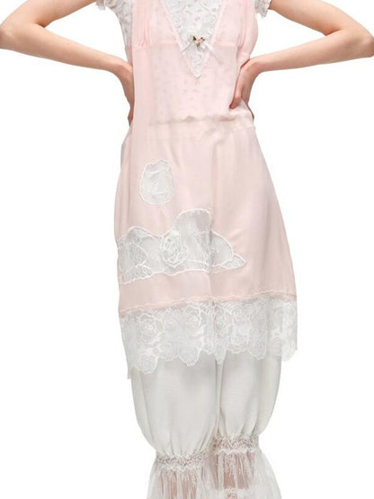 1JINN STUDIO Sheer V-neck Applique Embroidery Layered Women&