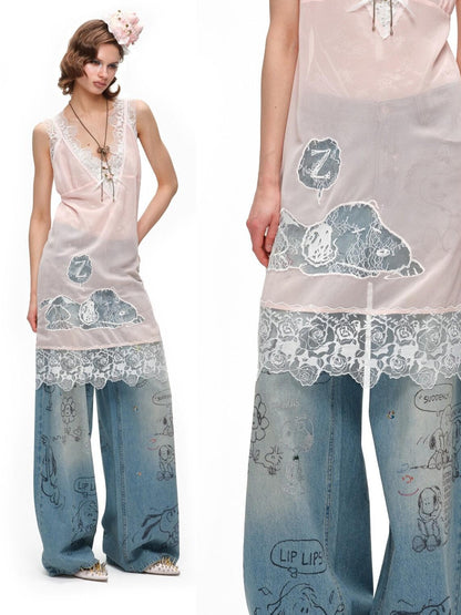 1JINN STUDIO Sheer V-neck Applique Embroidery Layered Women&