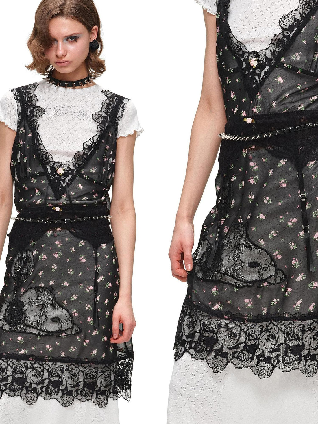 1JINN STUDIO Sheer V-neck Applique Embroidery Layered Women&
