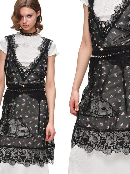 1JINN STUDIO Sheer V-neck Applique Embroidery Layered Women&