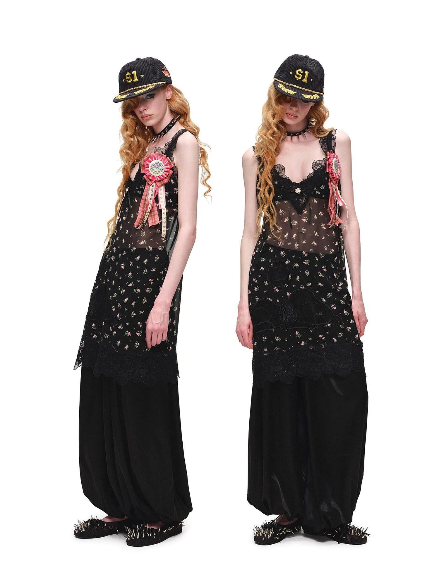 1JINN STUDIO Sheer V-neck Applique Embroidery Layered Women&
