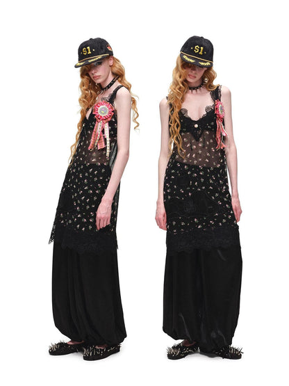 1JINN STUDIO Sheer V-neck Applique Embroidery Layered Women&