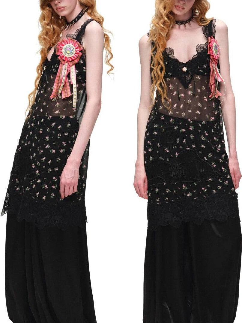 1JINN STUDIO Sheer V-neck Applique Embroidery Layered Women&