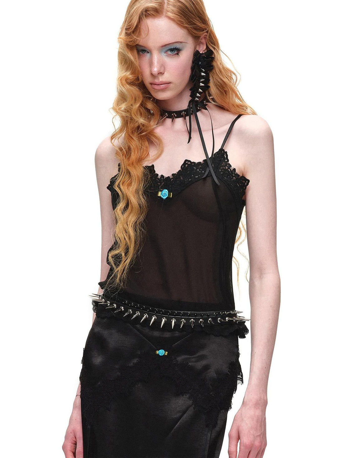 1JINN STUDIO Sheer V-neck Casual Spliced Cutout Lace Women&