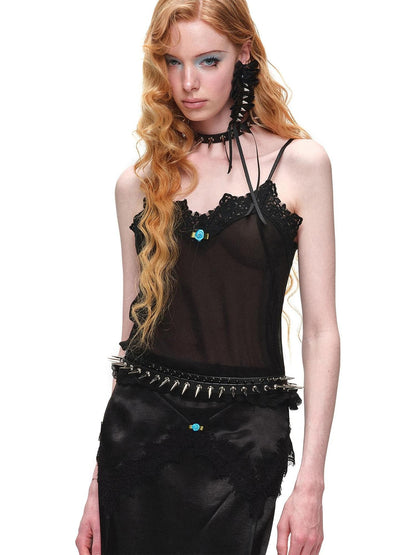 1JINN STUDIO Sheer V-neck Casual Spliced Cutout Lace Women&
