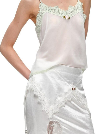 1JINN STUDIO Sheer V-neck Casual Spliced Cutout Lace Women&
