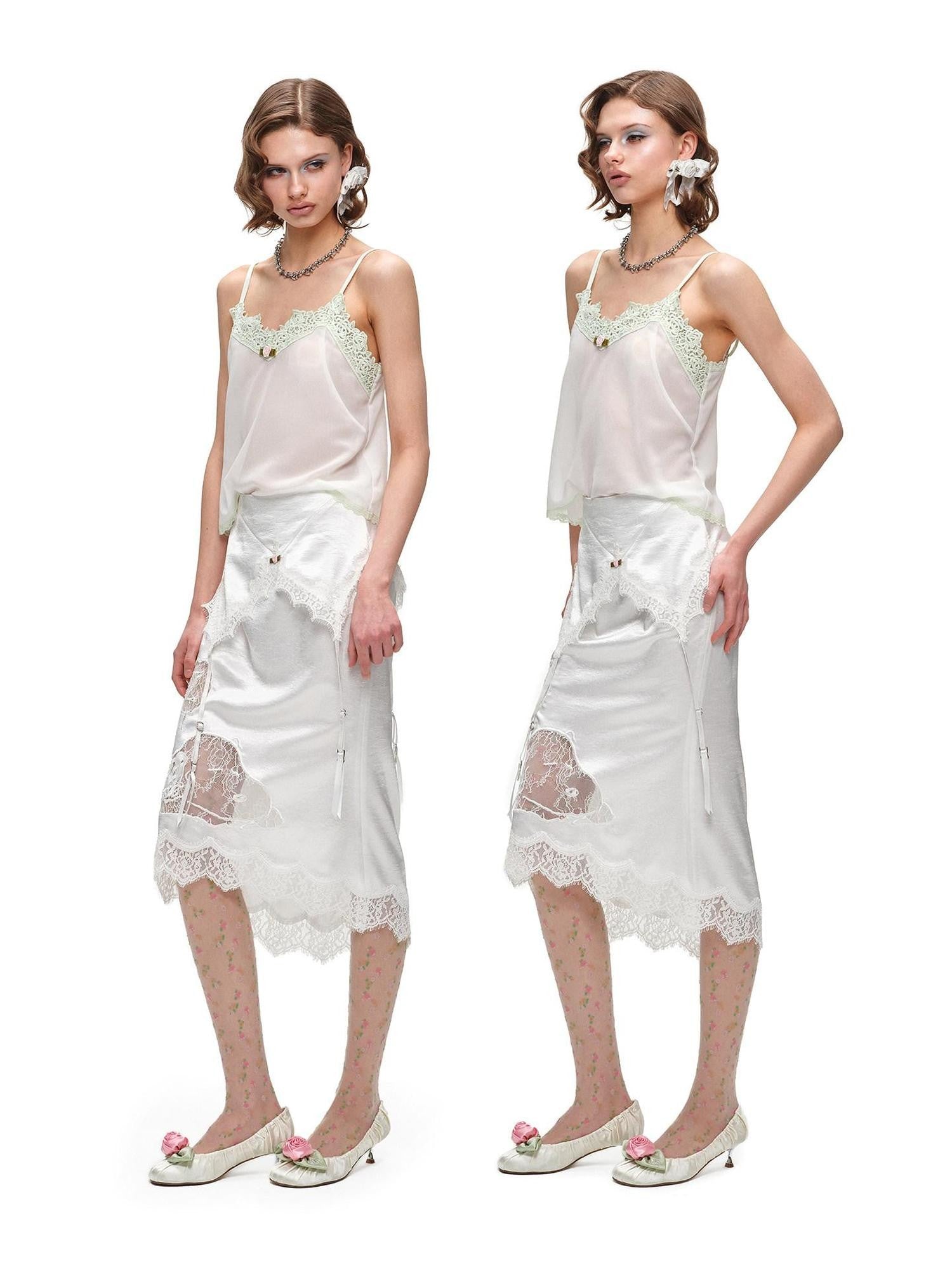 1JINN STUDIO Sheer V-neck Casual Spliced Cutout Lace Women&