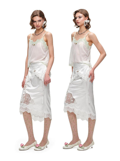1JINN STUDIO Sheer V-neck Casual Spliced Cutout Lace Women&