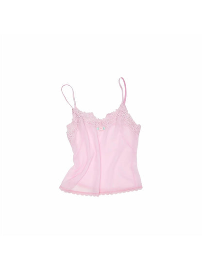 1JINN STUDIO Sheer V-neck Casual Spliced Cutout Lace Women&