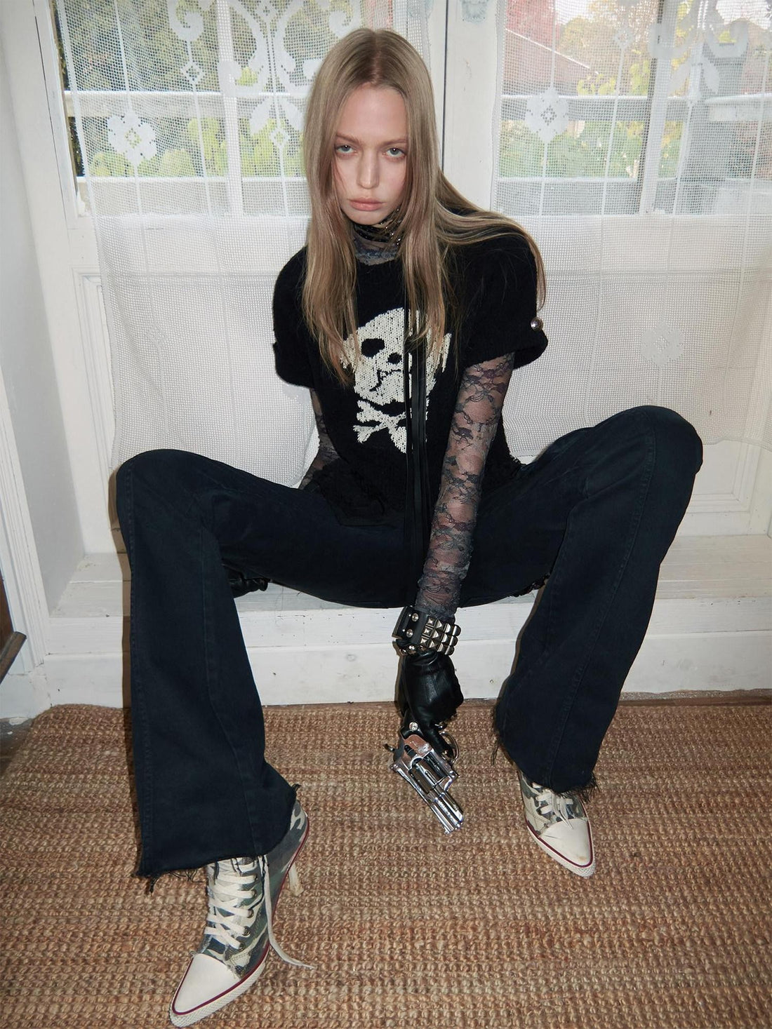 1JINN STUDIO Skull Jacquard Knit Ripped Fitted Punk Women&