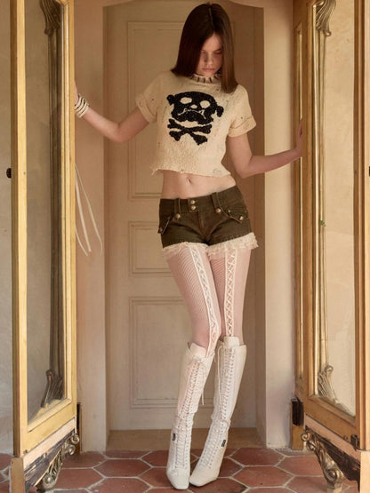 1JINN STUDIO Skull Jacquard Knit Ripped Fitted Punk Women&