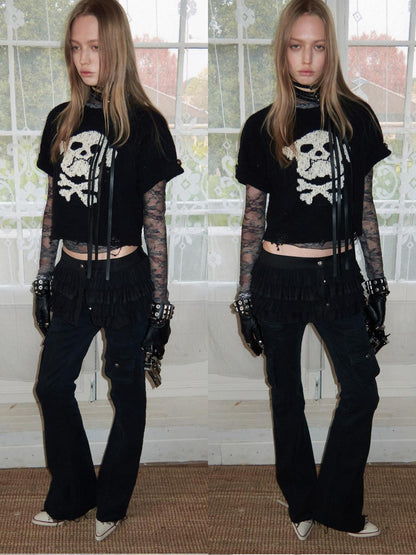 1JINN STUDIO Skull Jacquard Knit Ripped Fitted Punk Women&