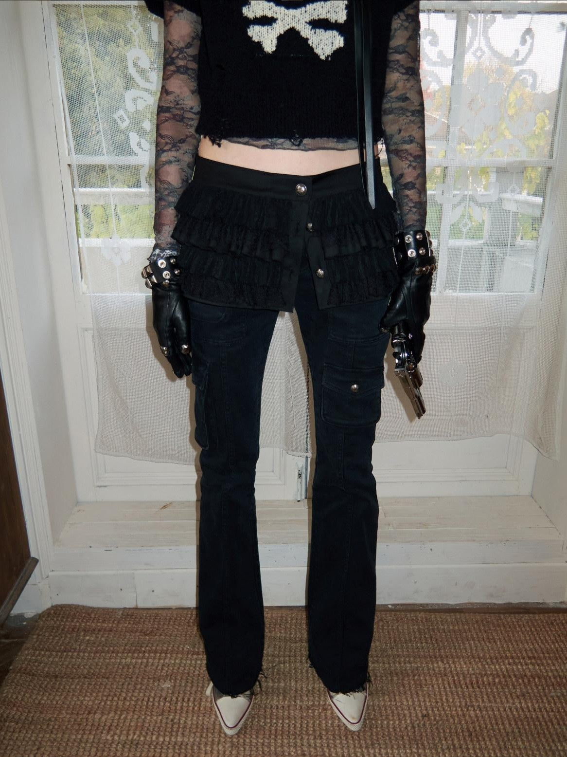 1JINN STUDIO Skull Jacquard Knit Ripped Fitted Punk Women&