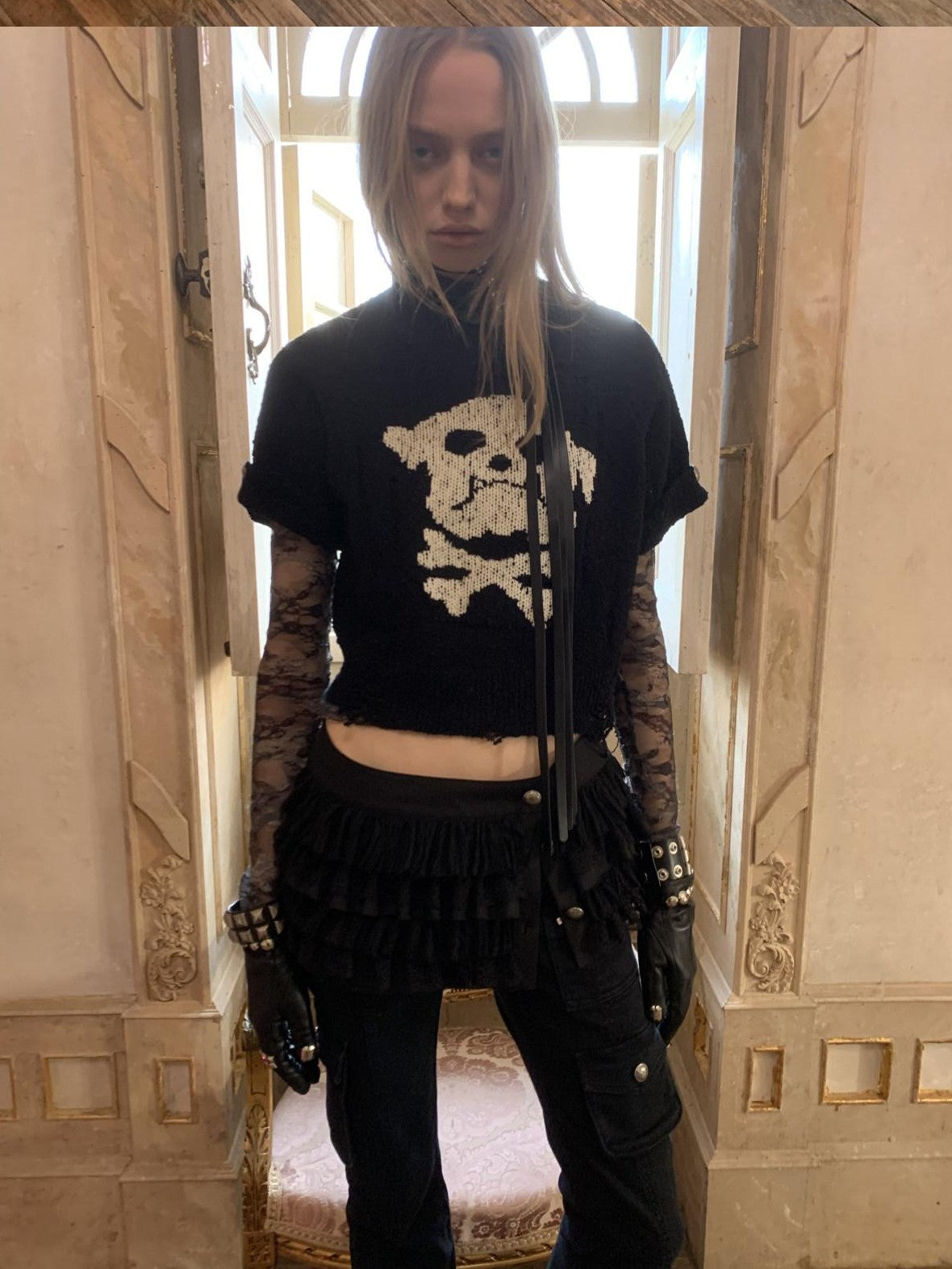 1JINN STUDIO Skull Jacquard Knit Ripped Fitted Punk Women&