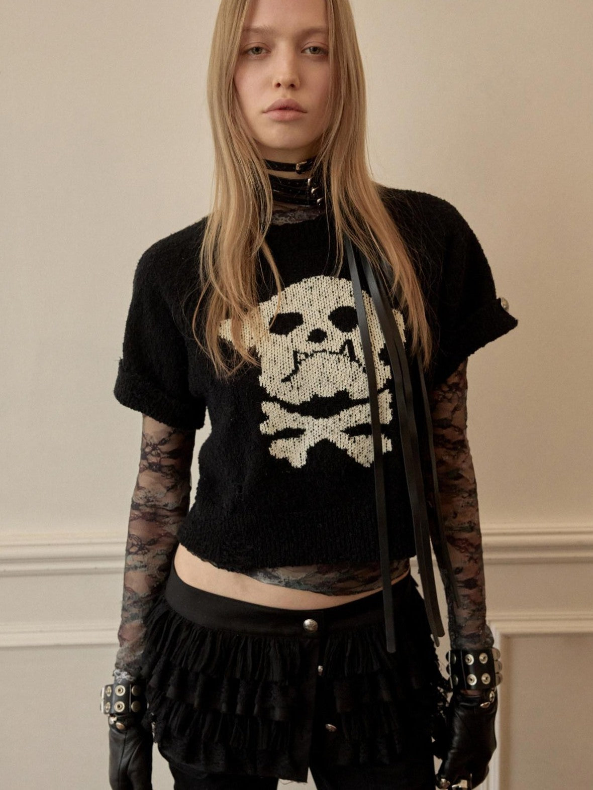 1JINN STUDIO Skull Jacquard Knit Ripped Fitted Punk Women&