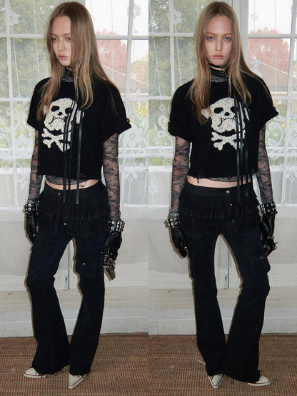 1JINN STUDIO Skull Jacquard Knit Ripped Fitted Punk Women&