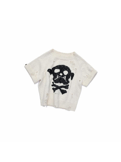 1JINN STUDIO Skull Jacquard Knit Ripped Fitted Punk Women&