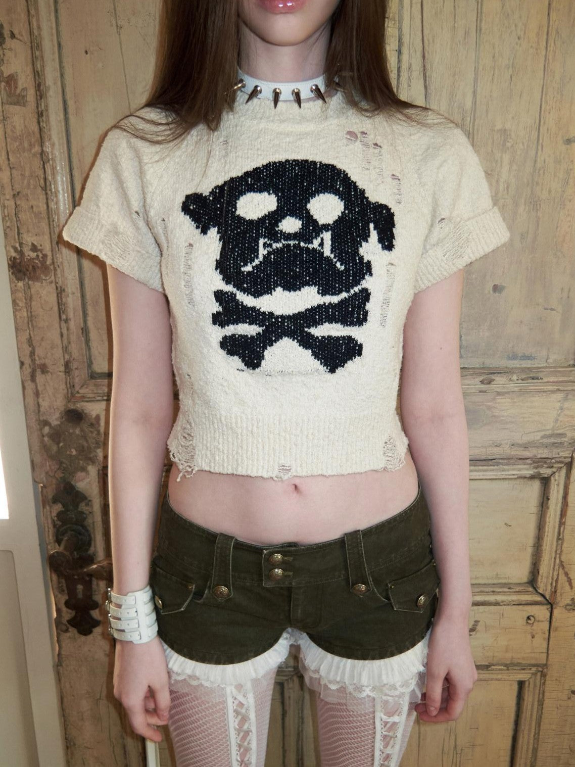 1JINN STUDIO Skull Jacquard Knit Ripped Fitted Punk Women&