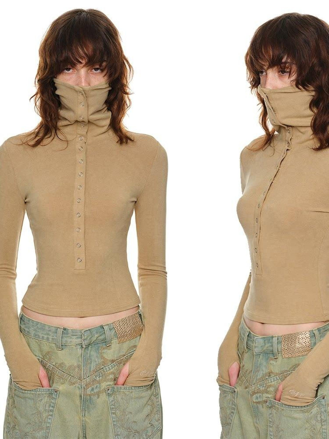 1JINN STUDIO Slim Claw Button High Neck Knit Women&