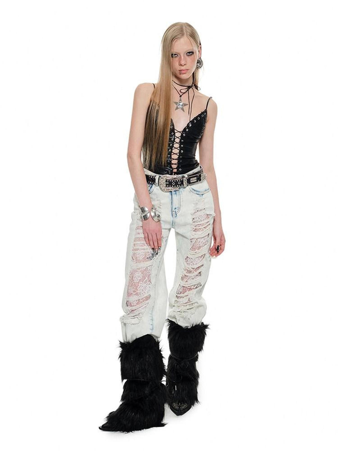 1JINN STUDIO Slimming Ripped Lace Vintage Washed Distressed Women&