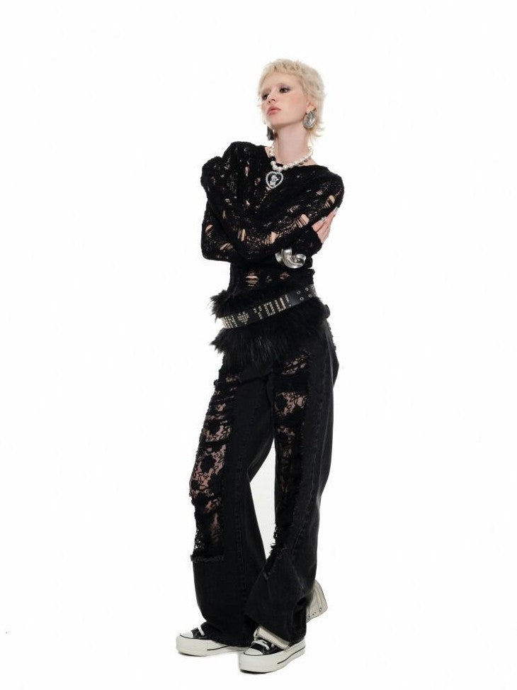 1JINN STUDIO Slimming Ripped Lace Vintage Washed Distressed Women&