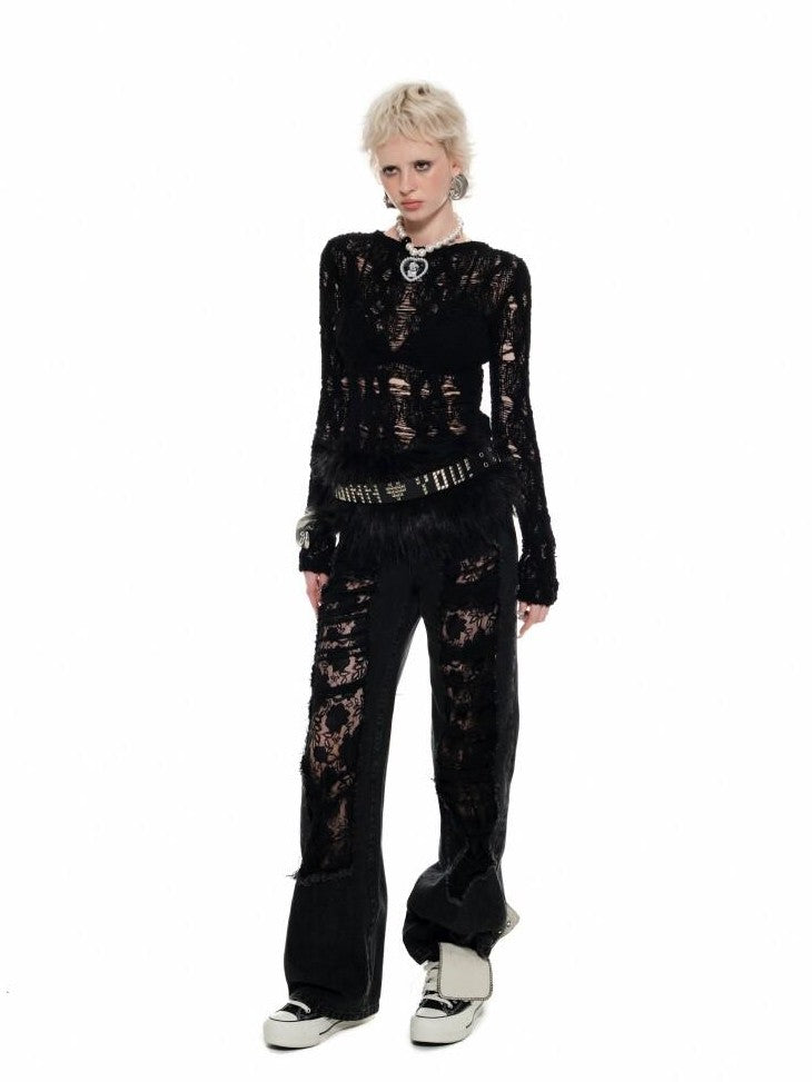 1JINN STUDIO Slimming Ripped Lace Vintage Washed Distressed Women&