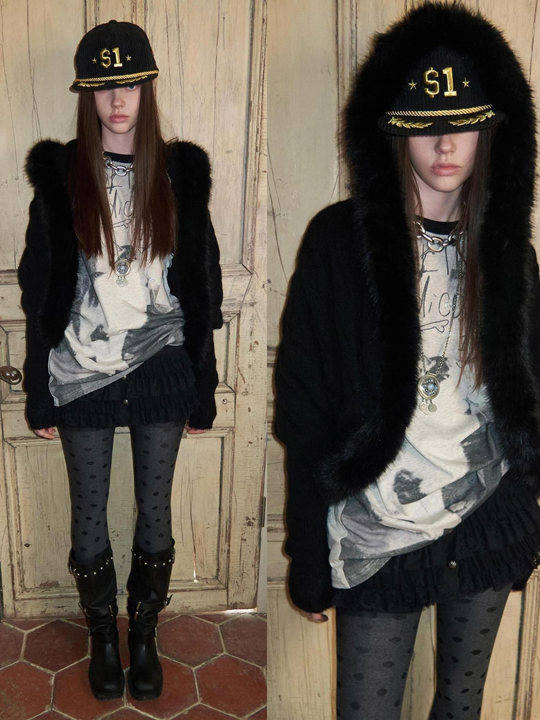 1JINN STUDIO Slouchy Fur Collar Pocket Knit Women&