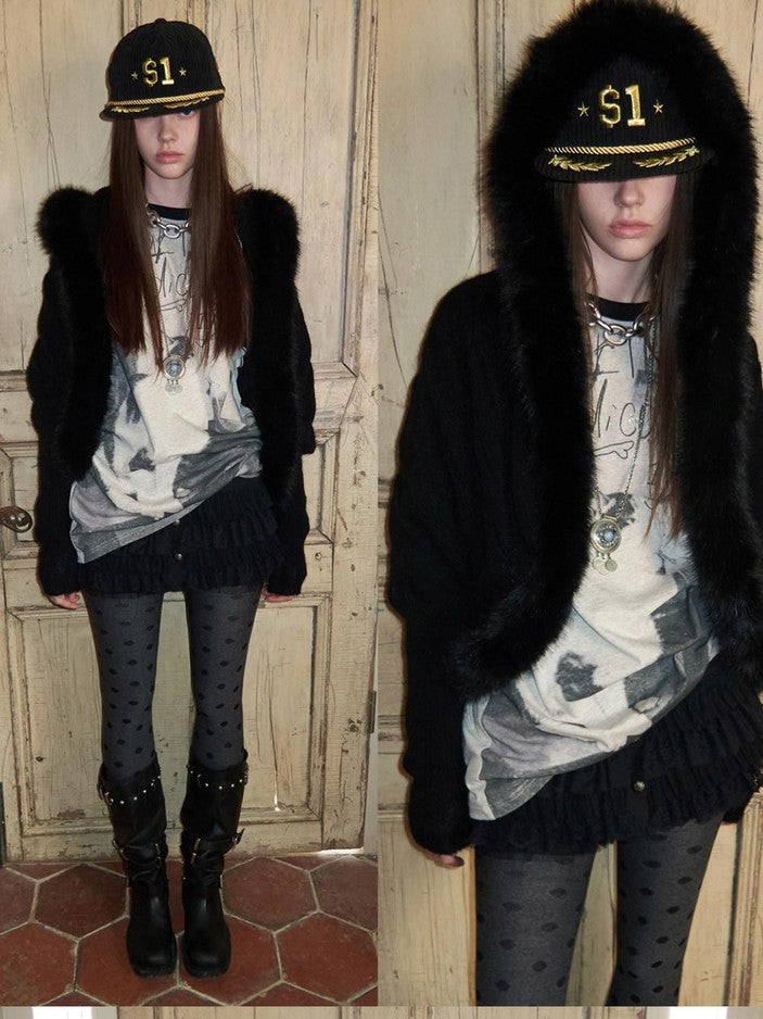 1JINN STUDIO Slouchy Fur Collar Pocket Knit Women&