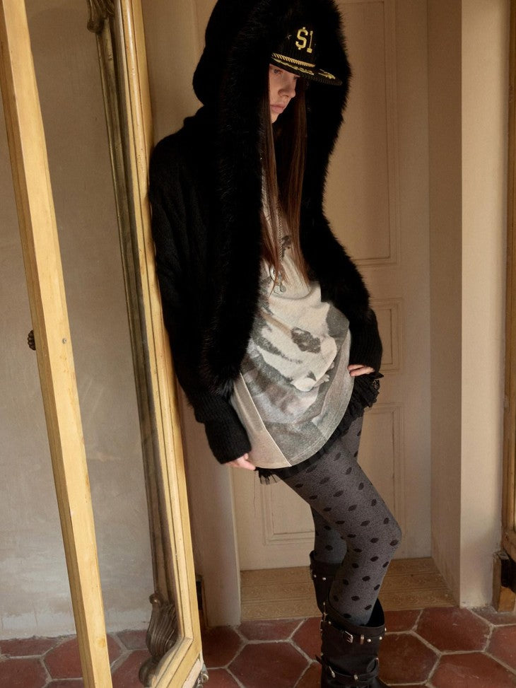 1JINN STUDIO Slouchy Fur Collar Pocket Knit Women&
