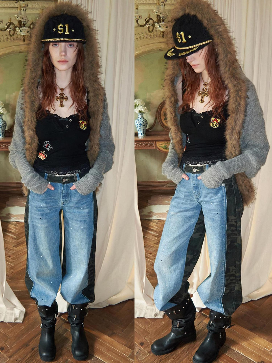 1JINN STUDIO Slouchy Fur Collar Pocket Knit Women&