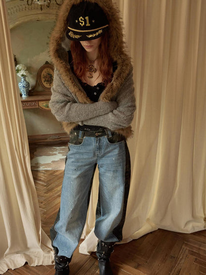 1JINN STUDIO Slouchy Fur Collar Pocket Knit Women&