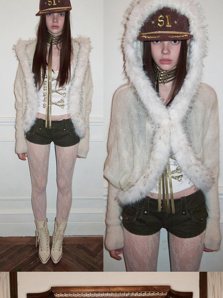 1JINN STUDIO Slouchy Fur Collar Pocket Knit Women&