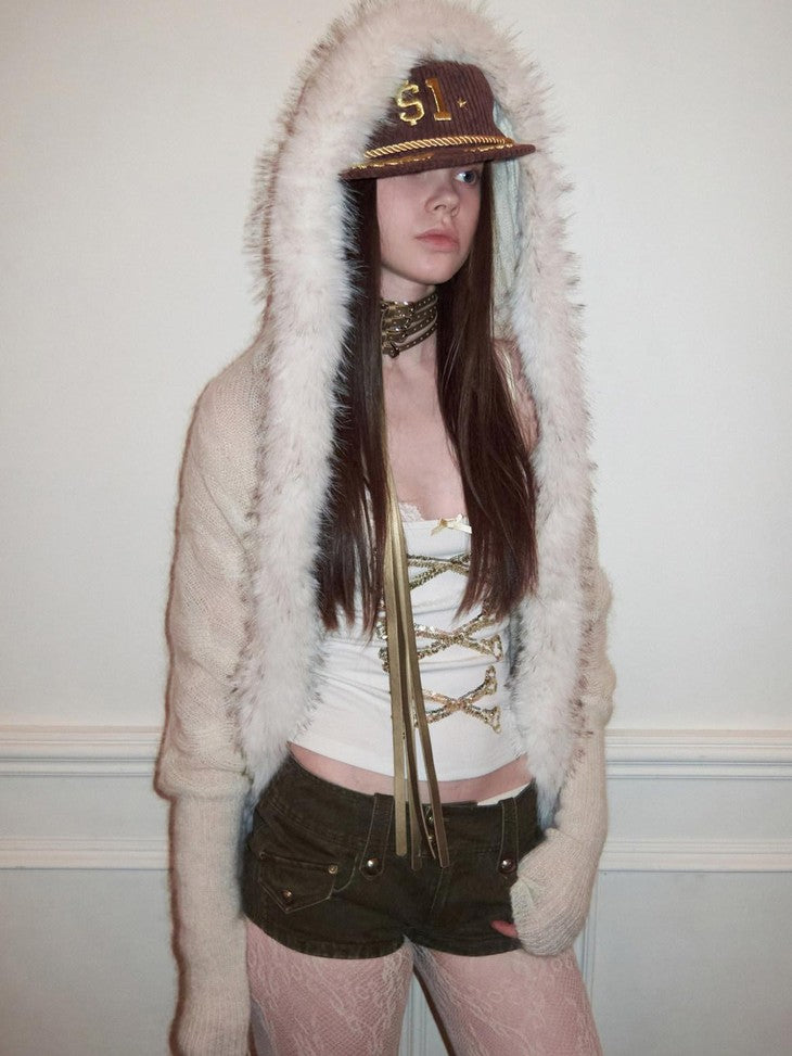 1JINN STUDIO Slouchy Fur Collar Pocket Knit Women&