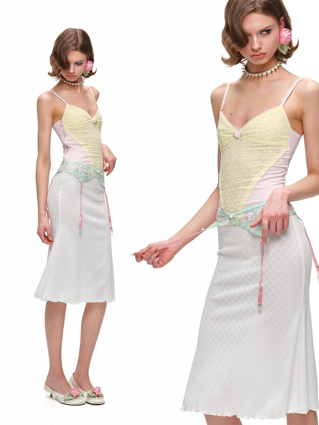 1JINN STUDIO Small Rose Jacquard V-neck Colorblock Cinched Waist Women&
