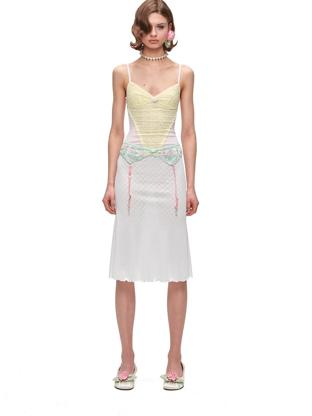 1JINN STUDIO Small Rose Jacquard V-neck Colorblock Cinched Waist Women&