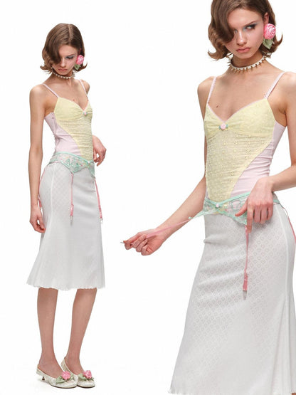 1JINN STUDIO Small Rose Jacquard V-neck Colorblock Cinched Waist Women&