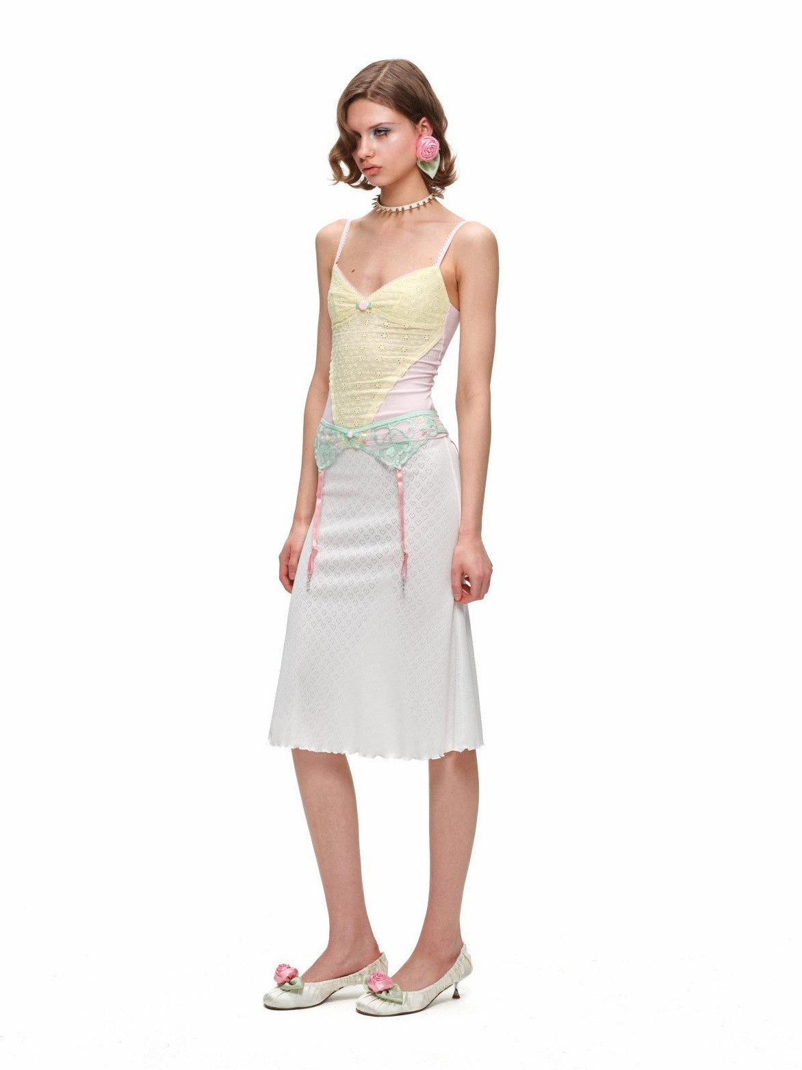 1JINN STUDIO Small Rose Jacquard V-neck Colorblock Cinched Waist Women&