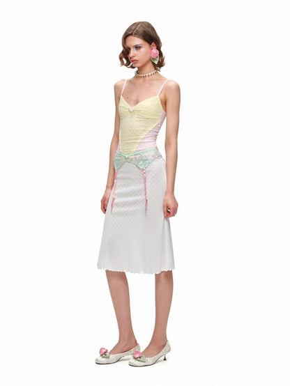 1JINN STUDIO Small Rose Jacquard V-neck Colorblock Cinched Waist Women&