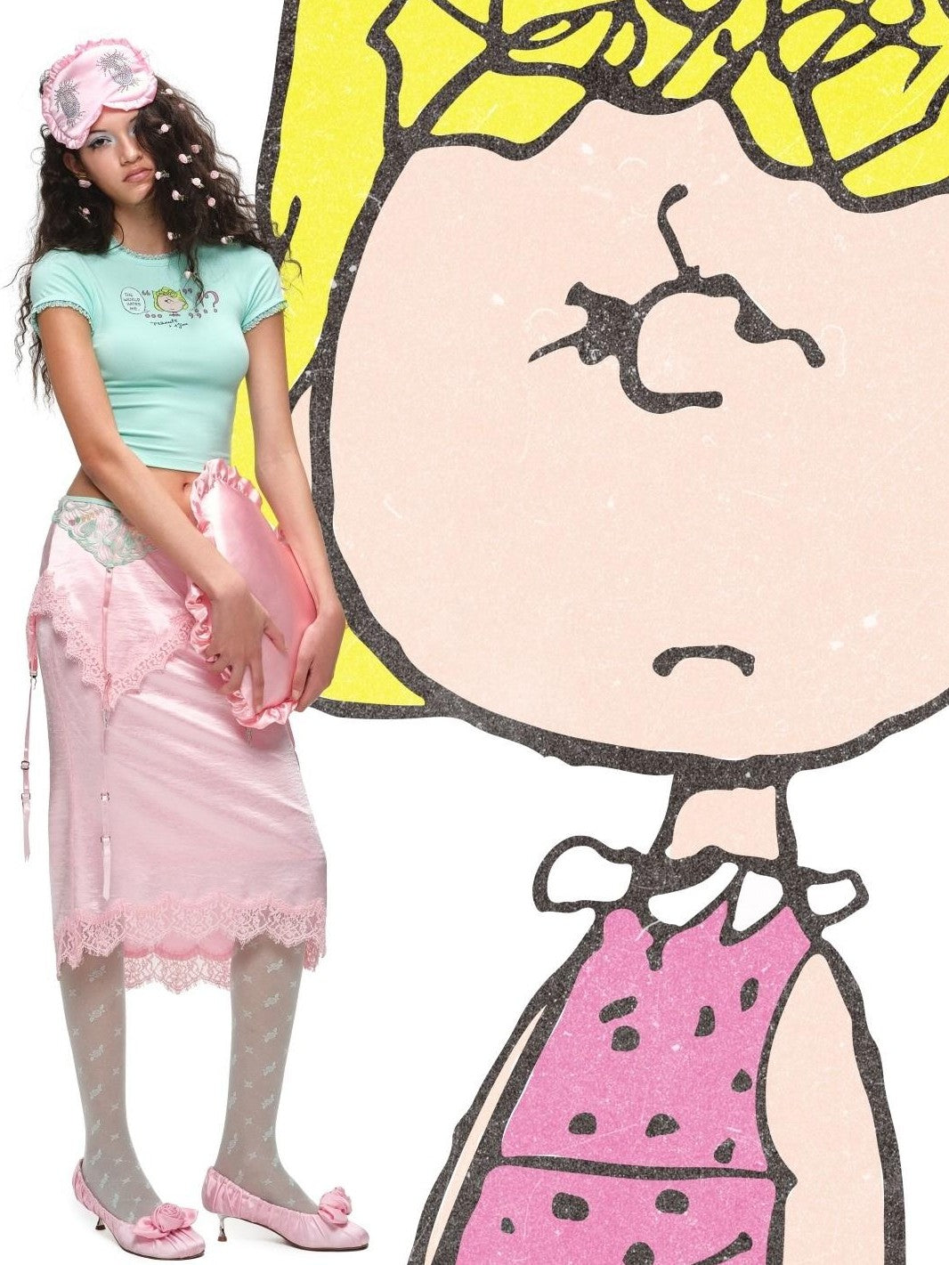 1JINN STUDIO Snoopy Character Printed Lace Trim Short Sleeve Women&