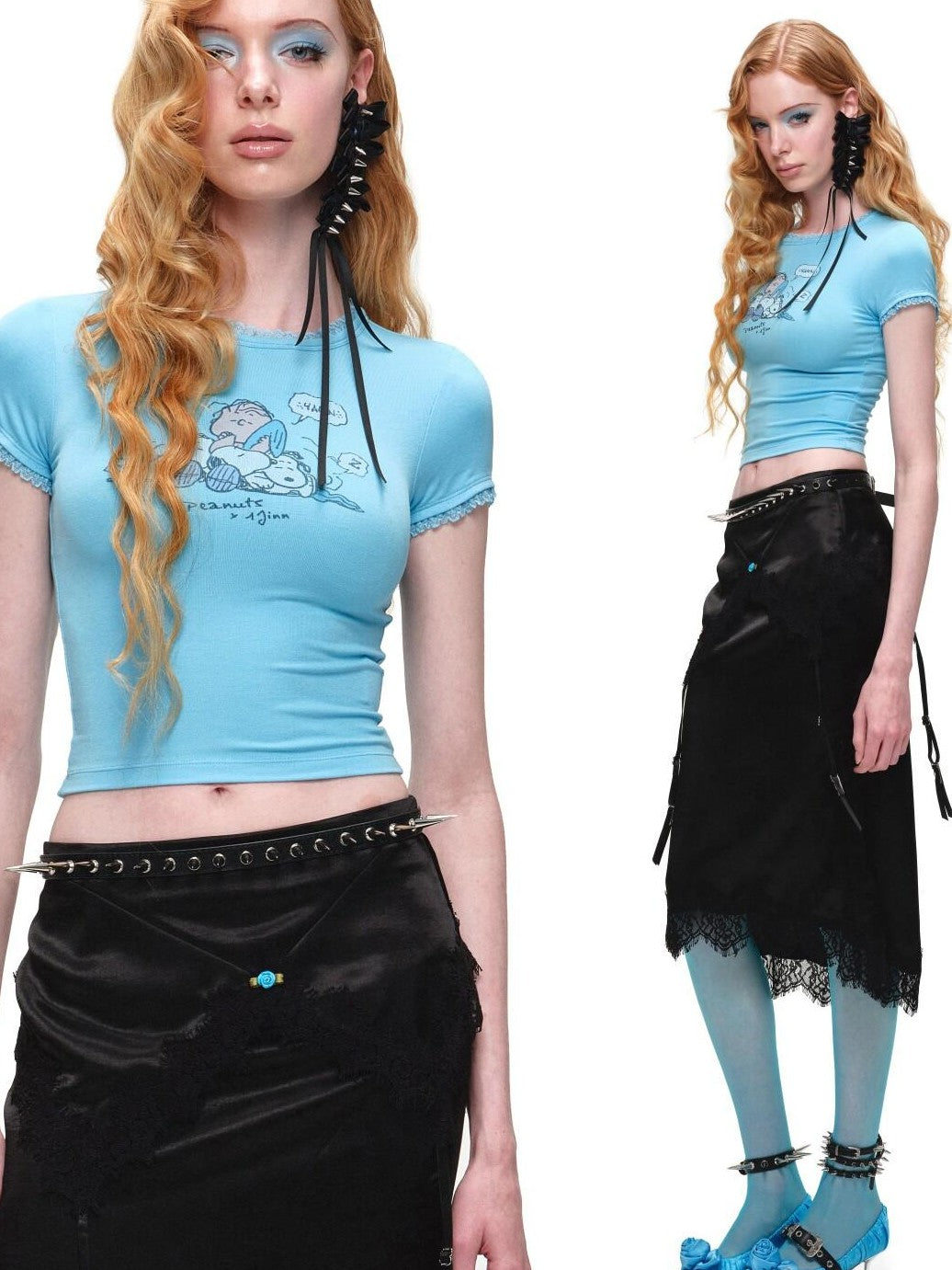 1JINN STUDIO Snoopy Character Printed Lace Trim Short Sleeve Women&
