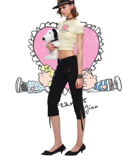 1JINN STUDIO Snoopy Character Printed Lace Trim Short Sleeve Women&