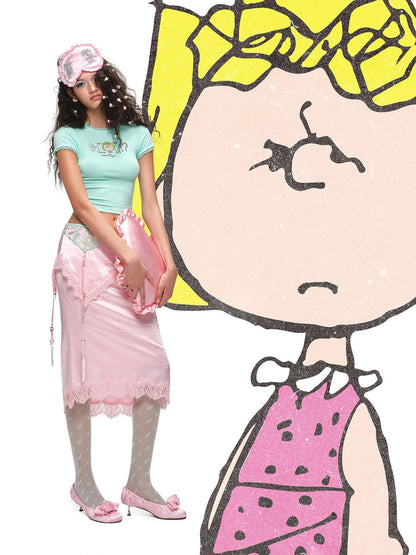 1JINN STUDIO Snoopy Character Printed Lace Trim Short Sleeve Women&