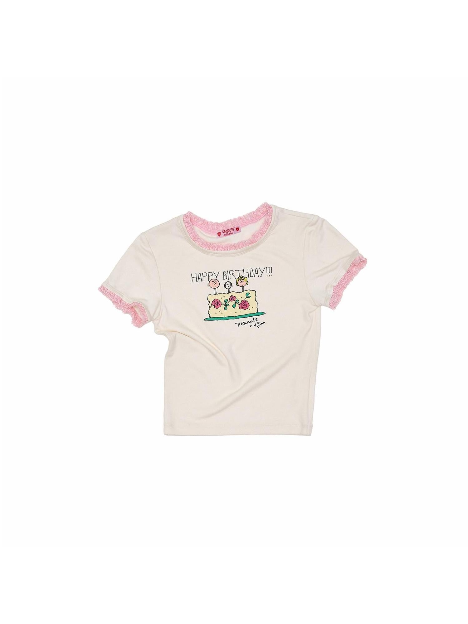 1JINN STUDIO Snoopy Character Printed Lace Trim Short Sleeve Women&