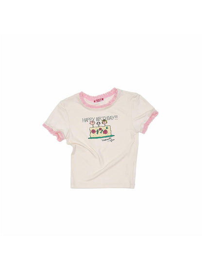 1JINN STUDIO Snoopy Character Printed Lace Trim Short Sleeve Women&