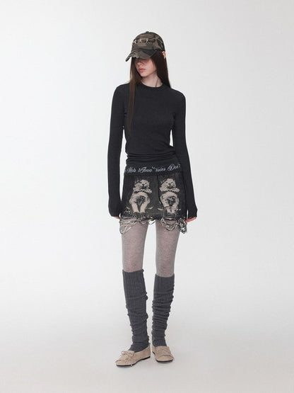 1JINN STUDIO Solid Crew Neck Sheer Hem Letter Print Women&